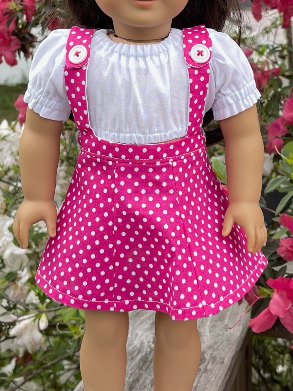 Pink Polka Dot Pinafore Dress with White Top for Doll